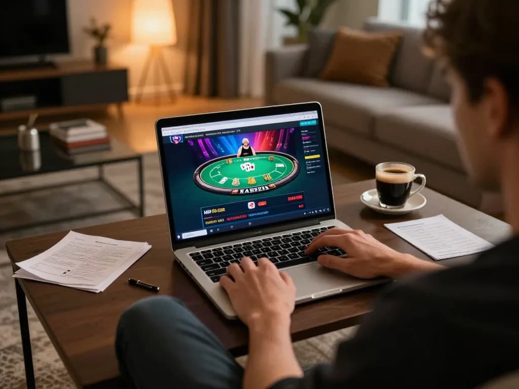 Player engaging with the https://xfly88.com/ online casino, enjoying poker in a cozy home setup.