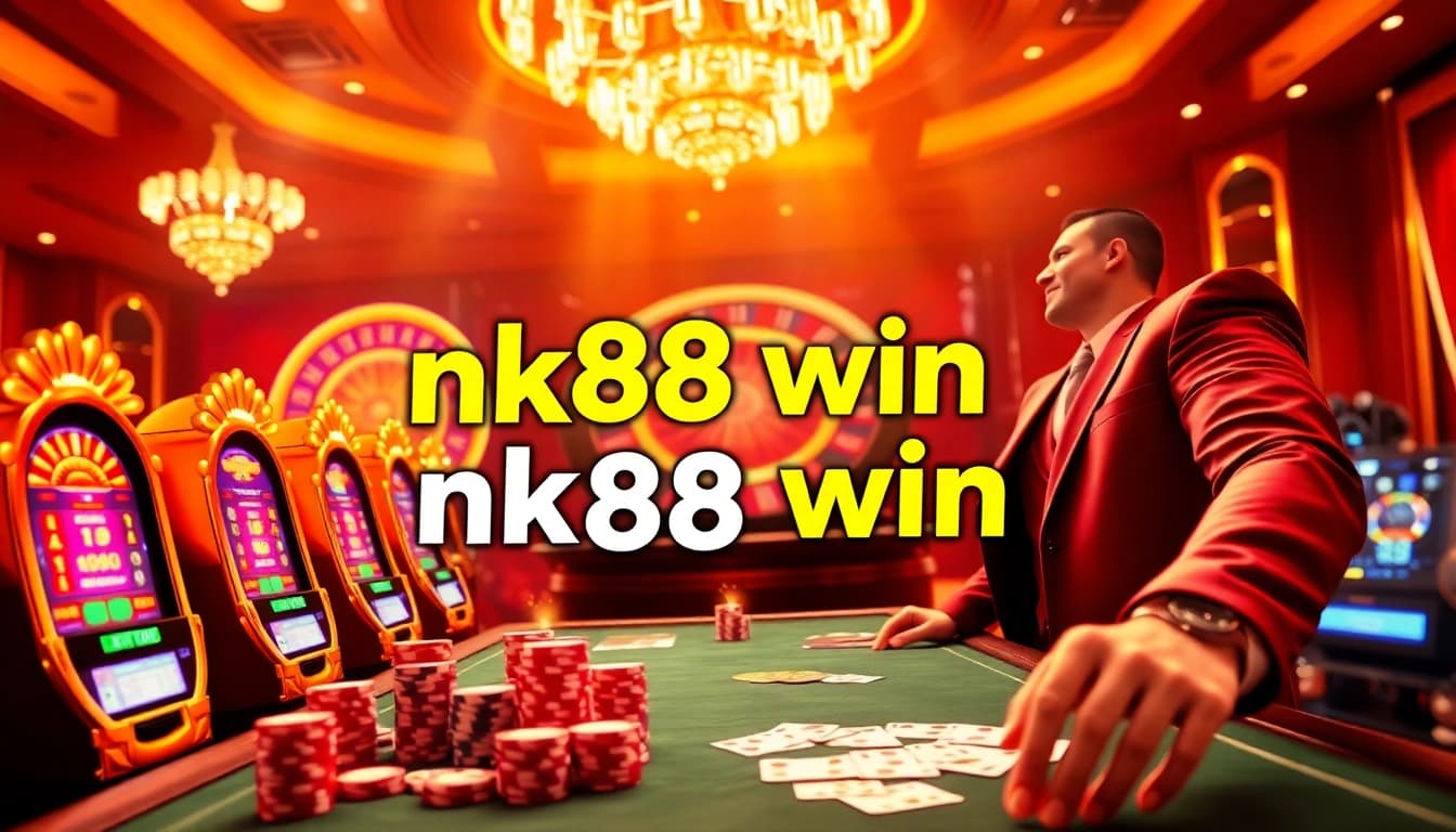 Celebrate big wins with nk88 win at a luxurious casino table featuring chips, cards, and slot machines.