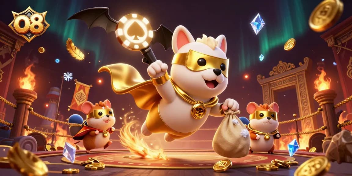 Experience thrilling gaming at o8 with a superhero dog and hamster amidst dazzling casino elements.