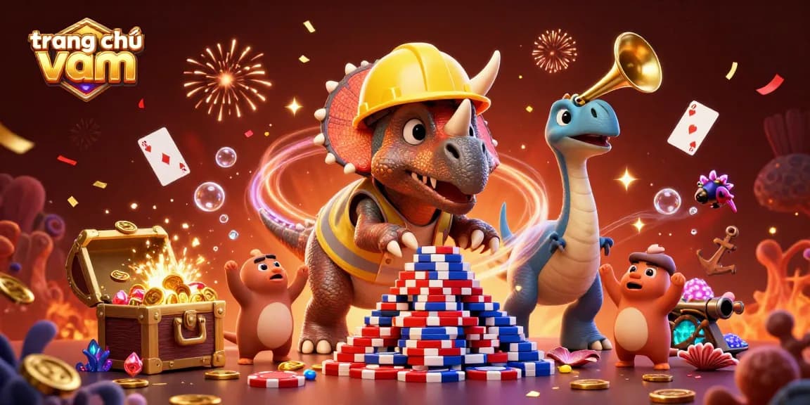Experience the excitement of trang chủ vmax with this vibrant 3D illustration featuring cheering dinosaurs, gold coins, and floating cards.