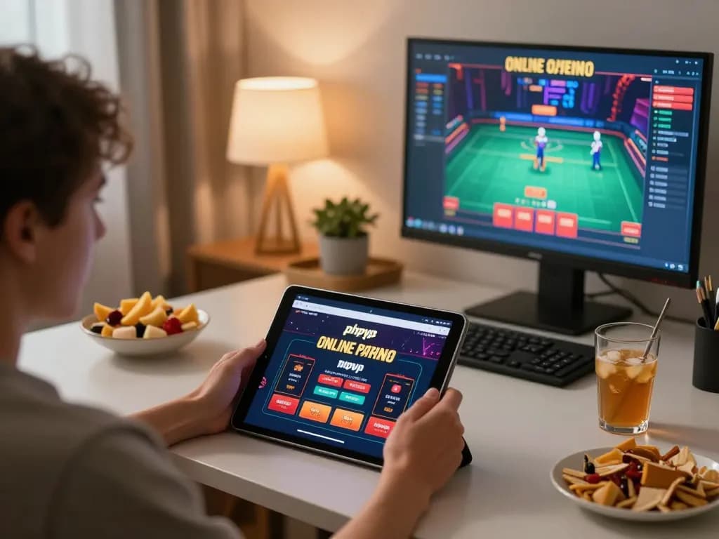 Engaged player using phpvip online casino app on tablet for an exciting gaming experience.