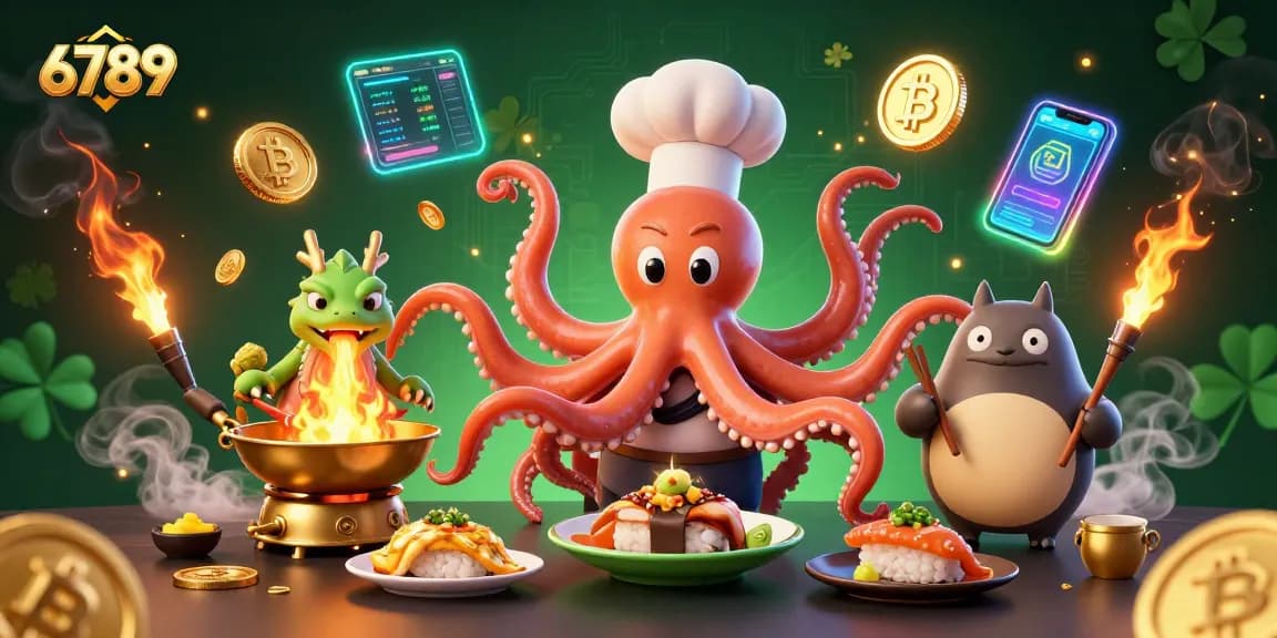 Experience thrilling gambling with 6789 as a vibrant scene depicts a 3D sushi chef octopus plating gold dishes.