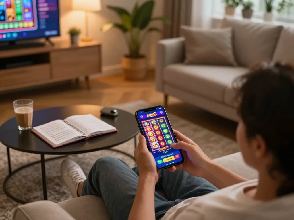 Player enjoying luck8 mobile gaming on sofa with strategic notes and cozy decor