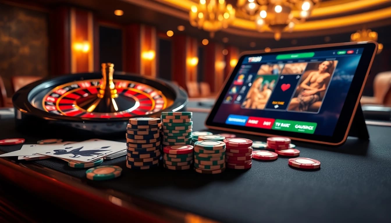 Experience the thrill of TR88 gambling with vibrant roulette and poker elements in a luxurious setting.