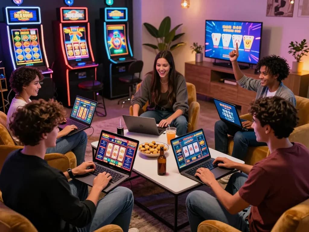 Exciting gaming scene with friends playing 789club online casino games in a vibrant living room.
