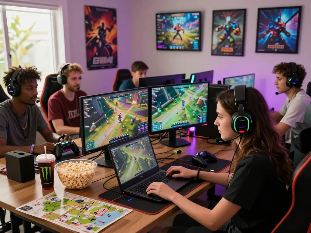 Gamers enjoying an engaging online session at https://1gom.farm/ in a vibrant, cozy gaming setup.