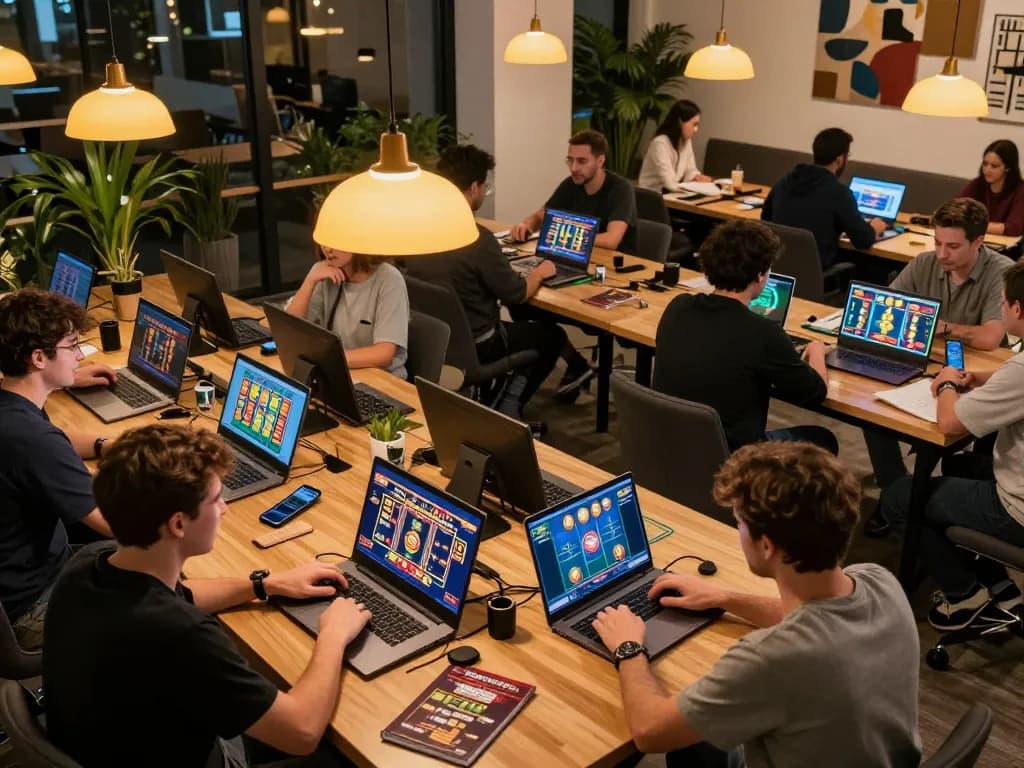 mm88 players engaging in online casino gaming at a vibrant co-working space, showcasing excitement and strategy.