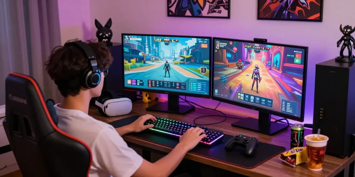 Immerse in real hentai games with a vibrant gaming setup featuring colorful graphics and an inviting atmosphere