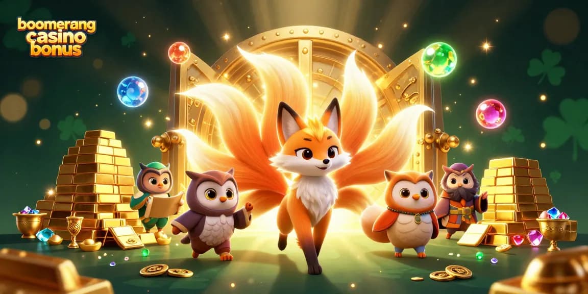 Uživajte v boomerang casino bonusu z zlatimi skrinjami bogastva in barvitimi 3D elementi.