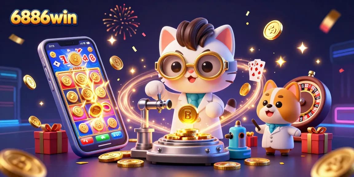 Experience 6886win's thrilling gold rush in a lively casino scene with vibrant action elements.