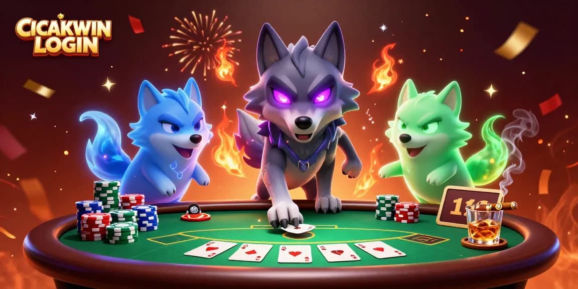 Engage with exciting gameplay at CICAKWIN LOGIN, featuring ghostly wolves, poker elements, and vibrant fireworks.