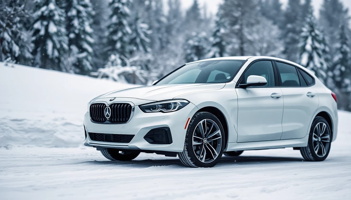 Showcasing PPF winter road salt protection on a vehicle in a snowy setting.