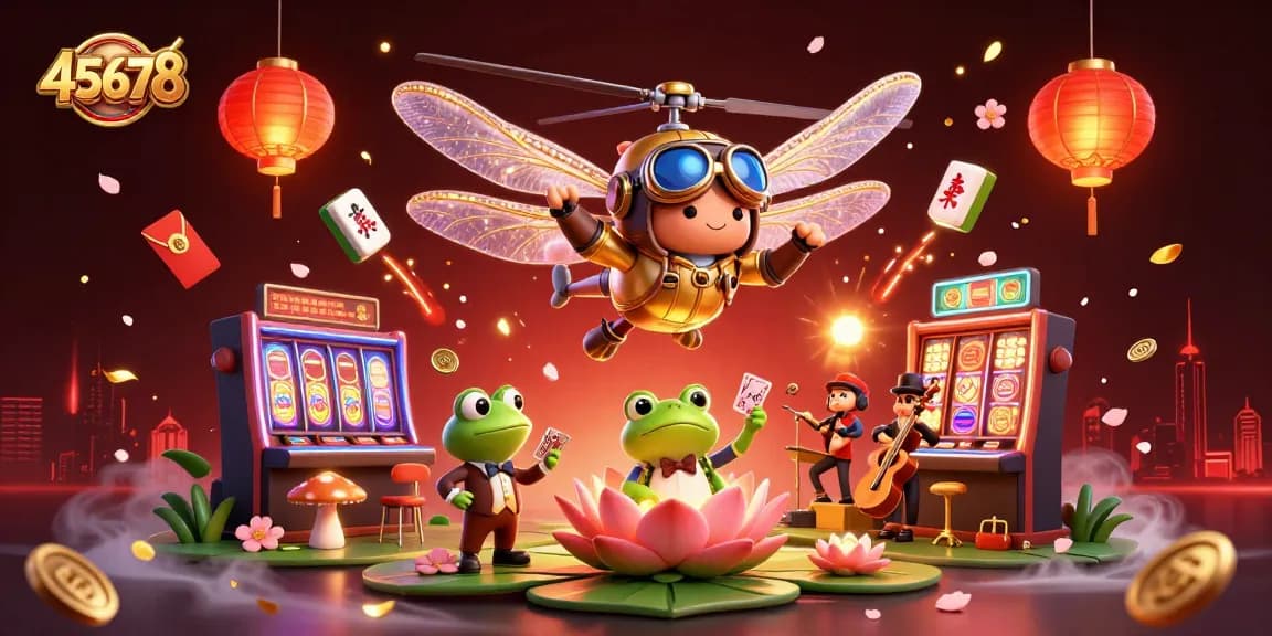 Experience vibrant 45678 gaming with a dragonfly pilot at a lily pad casino surrounded by action and colorful symbols.