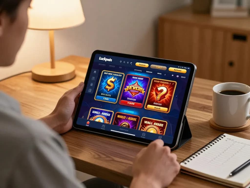 Player engaging in Luckywin mobile casino gaming at home with vibrant app interface visible