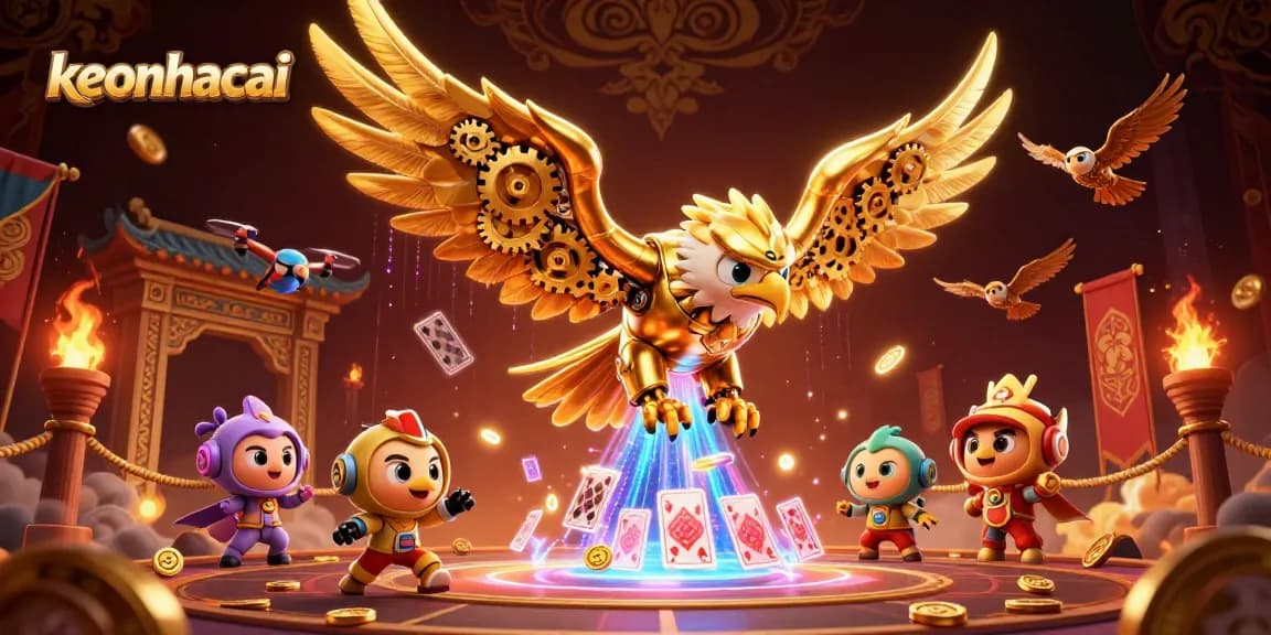 Win big with keonhacai in this dynamic 3D illustration featuring a golden eagle and immersive casino elements.
