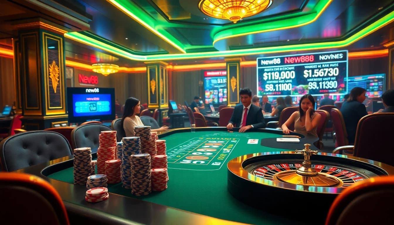 Exciting gaming scene at new88 casino with players at poker table and roulette wheel.