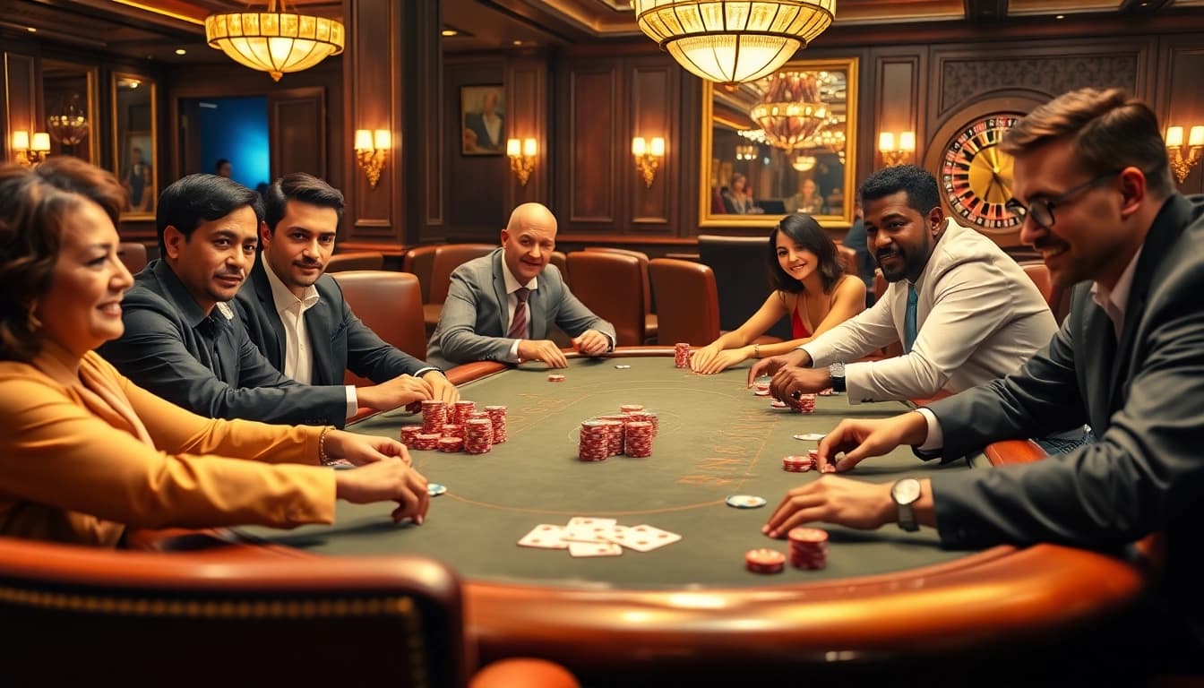 Players enjoying poker at the luxurious 68VIP casino, showcasing high stakes and excitement.
