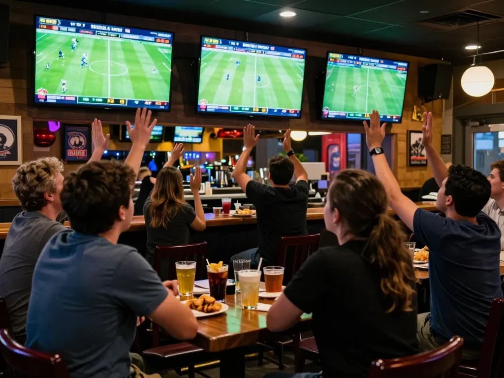 Spectators engaging in soi kèo bóng đá at a vibrant sports bar with live betting action.