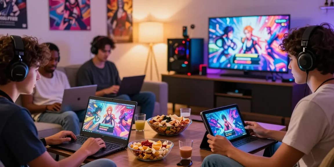 Friends enjoying free hentai games in a cozy living room, showcasing interactive gaming experiences and snacks.