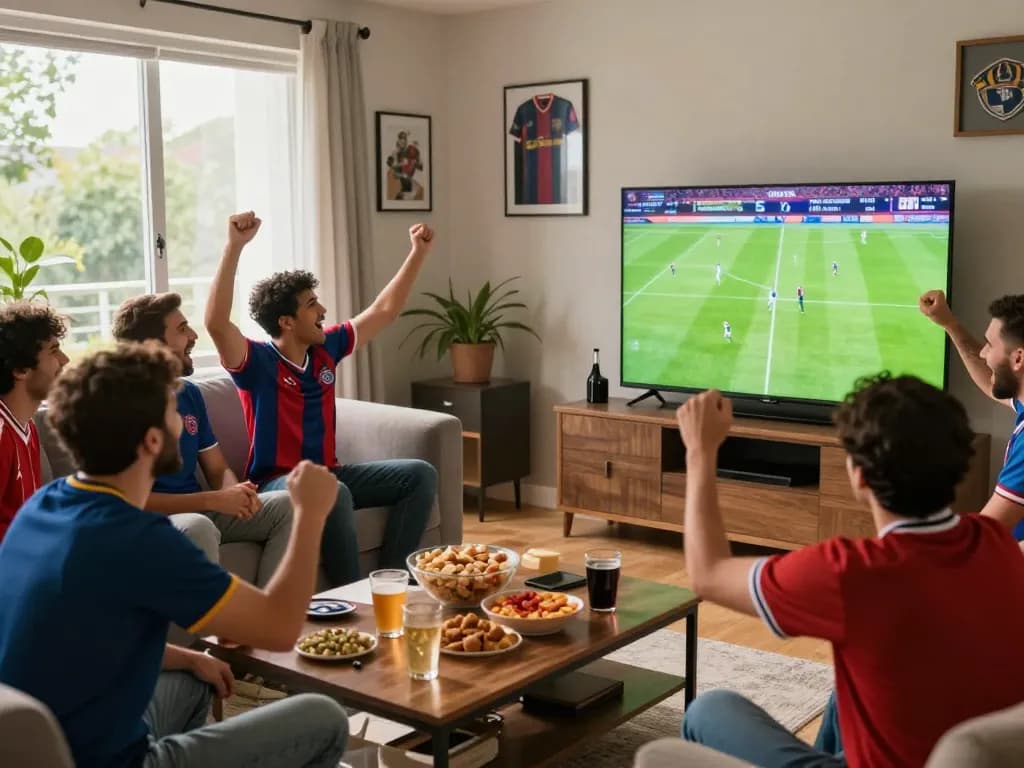 Fans engaging with xoilac during an exciting live football match, displaying team spirit in a vibrant room.