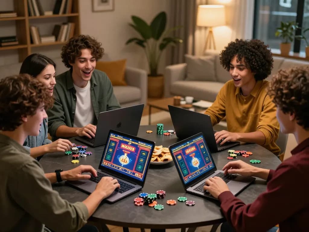 Engaged friends enjoying nổ hũ gaming together online, showcasing excitement in a cozy home setting