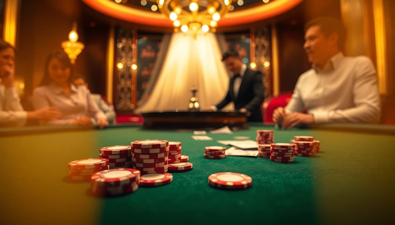 Engage in thrilling poker action at OK8386 casino with vibrant chips and playing cards.