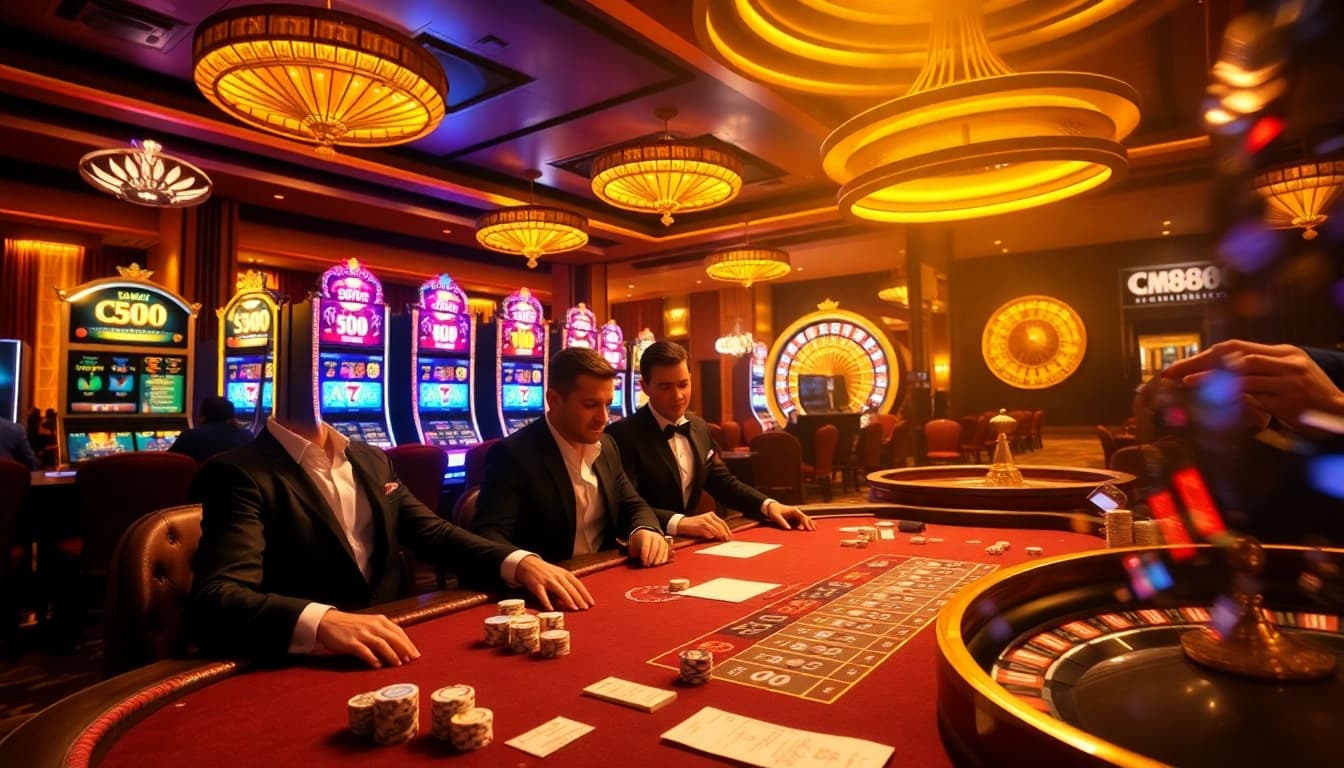 Players enjoying thrilling poker games and slot machines at a luxurious casino featuring CM8888 elements.