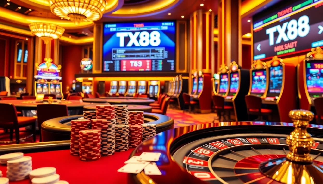 Experience the excitement of TX88 as players engage at a luxurious casino table with vibrant poker chips.