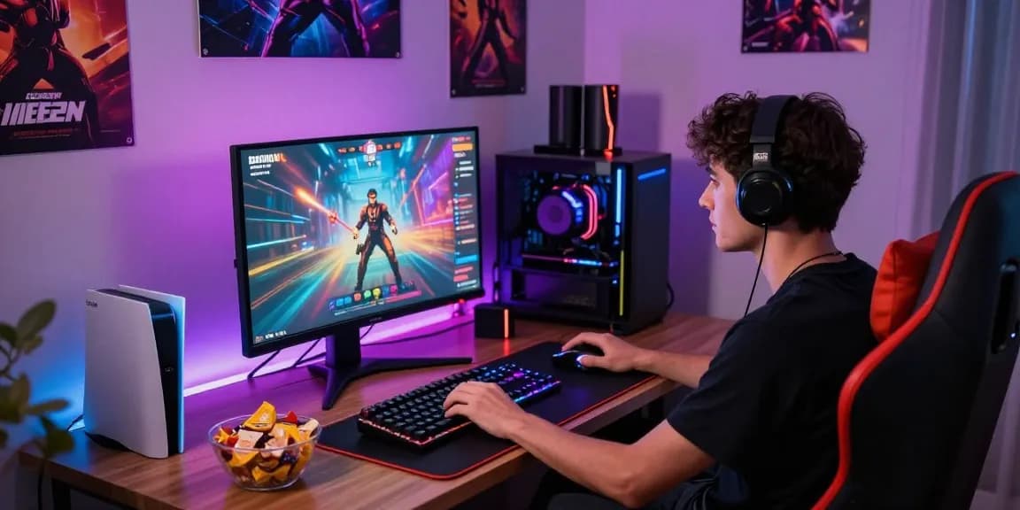 Engaged gamer playing a porn game online in a vibrant gaming room.