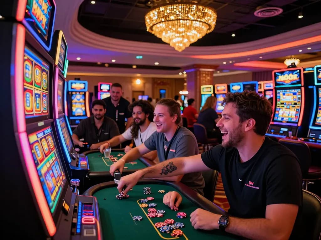Players enjoying the Lucky 88 slot machine in a vibrant casino atmosphere, showcasing excitement and energy.