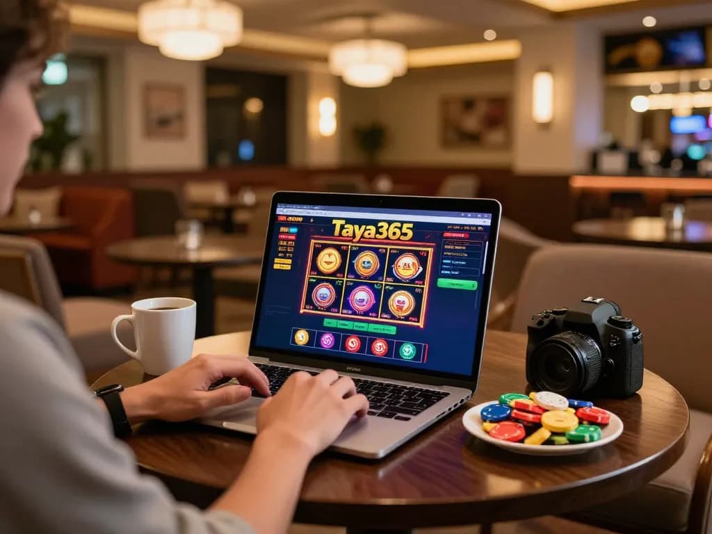 Taya365 user engaging with online casino games in a cozy, inviting environment.