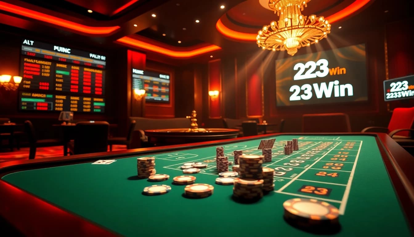Engage in the thrilling atmosphere of 23Win casino with rich poker tables and vibrant lighting.
