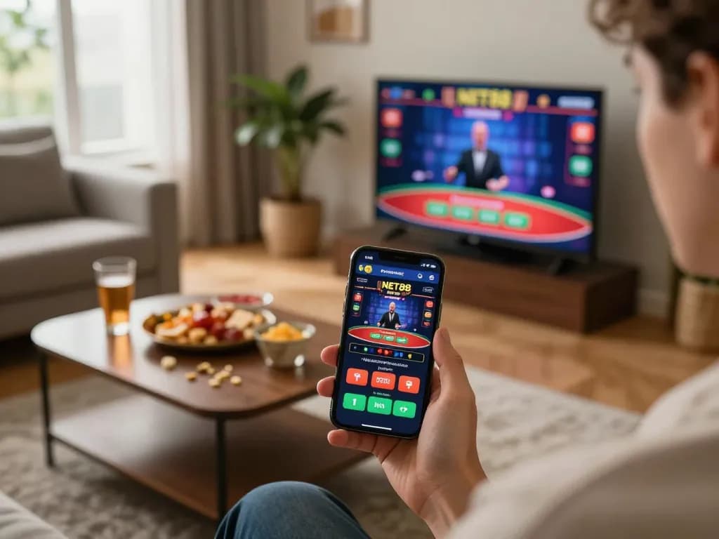 Person engaged in mobile gaming on NET88 app at home, showcasing interactive gambling experience.