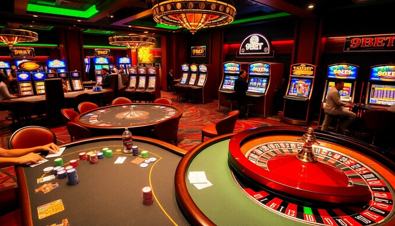 Players enjoying games at a 9BET casino, featuring poker, slots, and roulette in an exciting atmosphere.