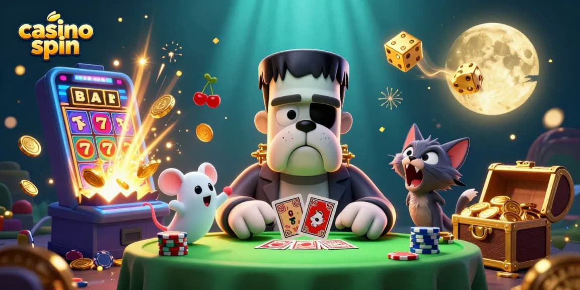 Casino spin illustration featuring characters and vibrant casino elements in a spooky scene