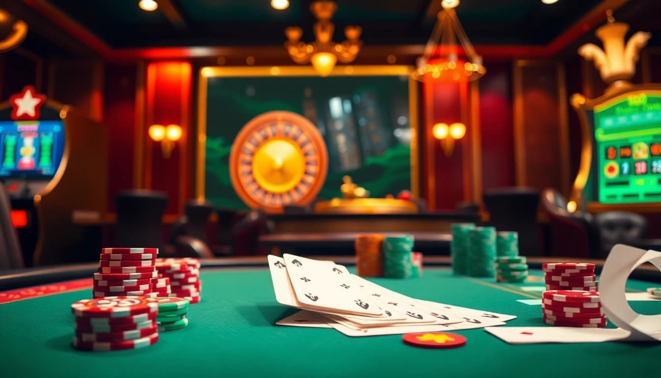 Experience thrilling gameplay at https://f1686s.com/ with a vibrant poker table, dazzling chips, and roulette action.