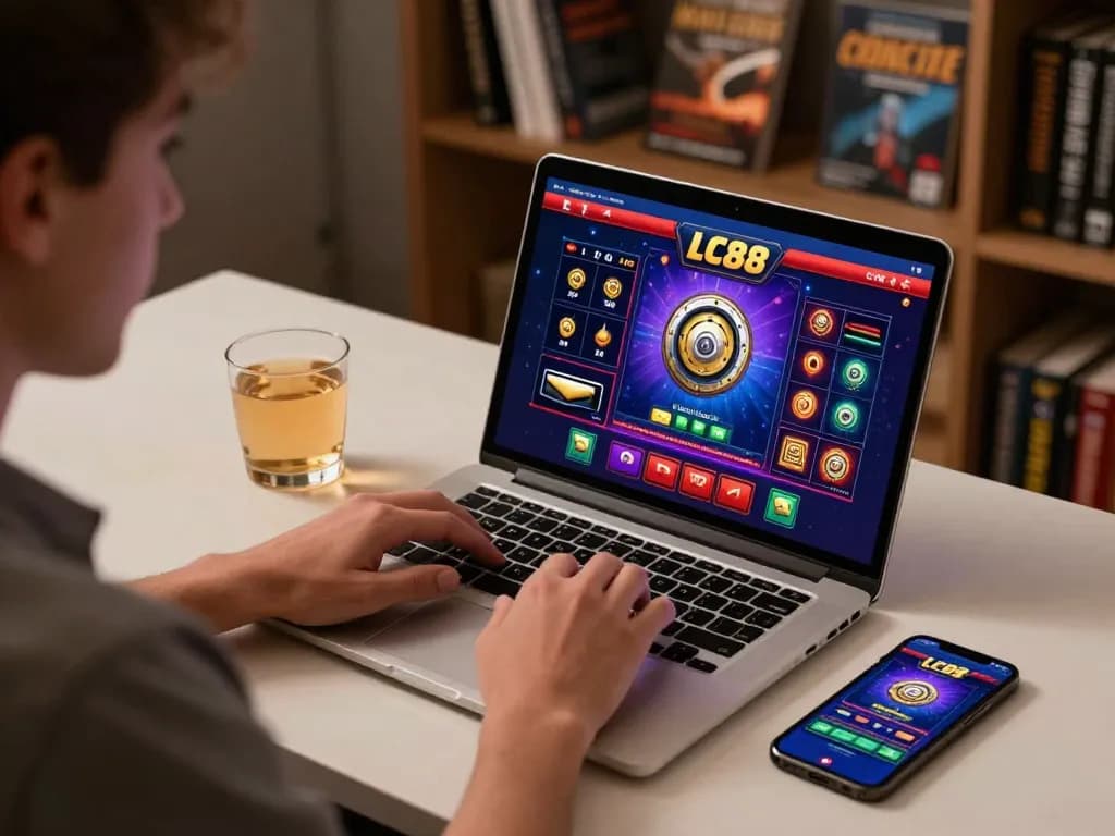 Player engaging with LC88 online casino interface on a laptop, showcasing a strategic gaming setup.
