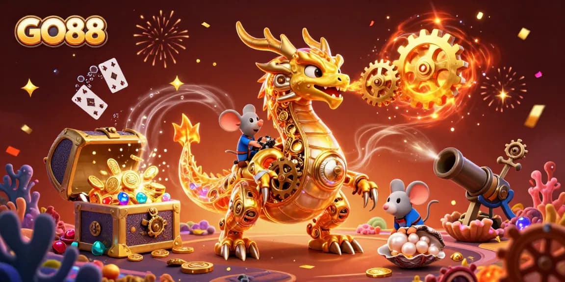 Experience GO88's thrilling world of gaming with a golden dragon and treasure explosion.