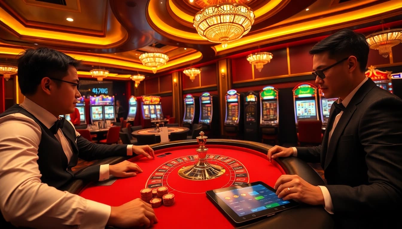 Experience high-stakes excitement at 79king with players enjoying poker and vibrant slot machines.