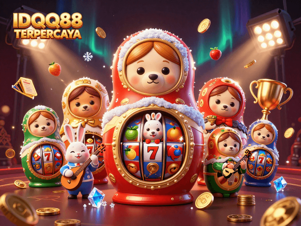 Engage in thrilling gaming at IDQQ88 TERPERCAYA with lively 3D characters celebrating casino wins amid vibrant slot reels.
