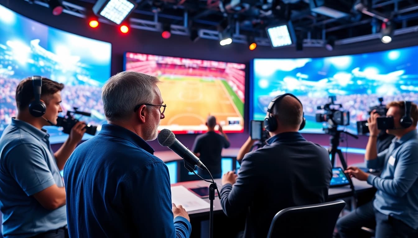 Highlighting engaging Sports Broadcasting scene with lively commentators and live game graphics.
