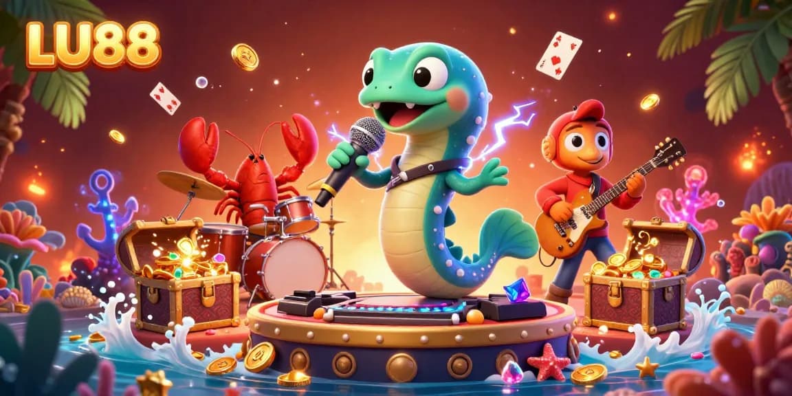 Experience thrilling casino action with LU88 in this vibrant underwater scene featuring a DJ electric eel, lobster drummer, and seahorse guitarist.