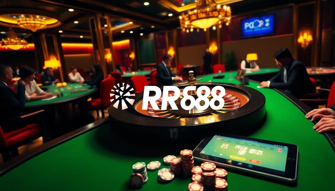Players at RR88 enjoy high-stakes options at a luxurious casino with roulette and poker games.