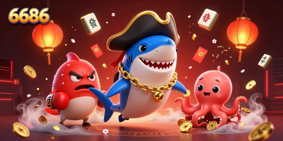 Experience epic adventures with 6686, featuring a pirate shark, pufferfish, and octopus amid vibrant casino elements.