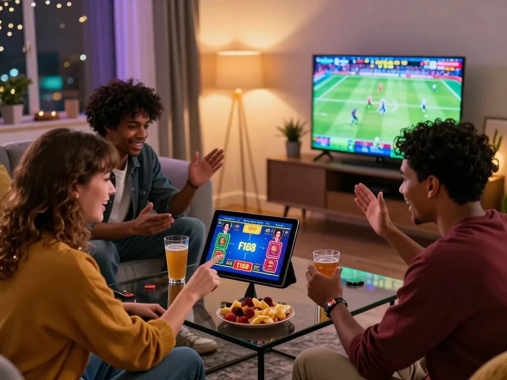 Group of friends enjoying online betting through link f168 in a cozy living room.