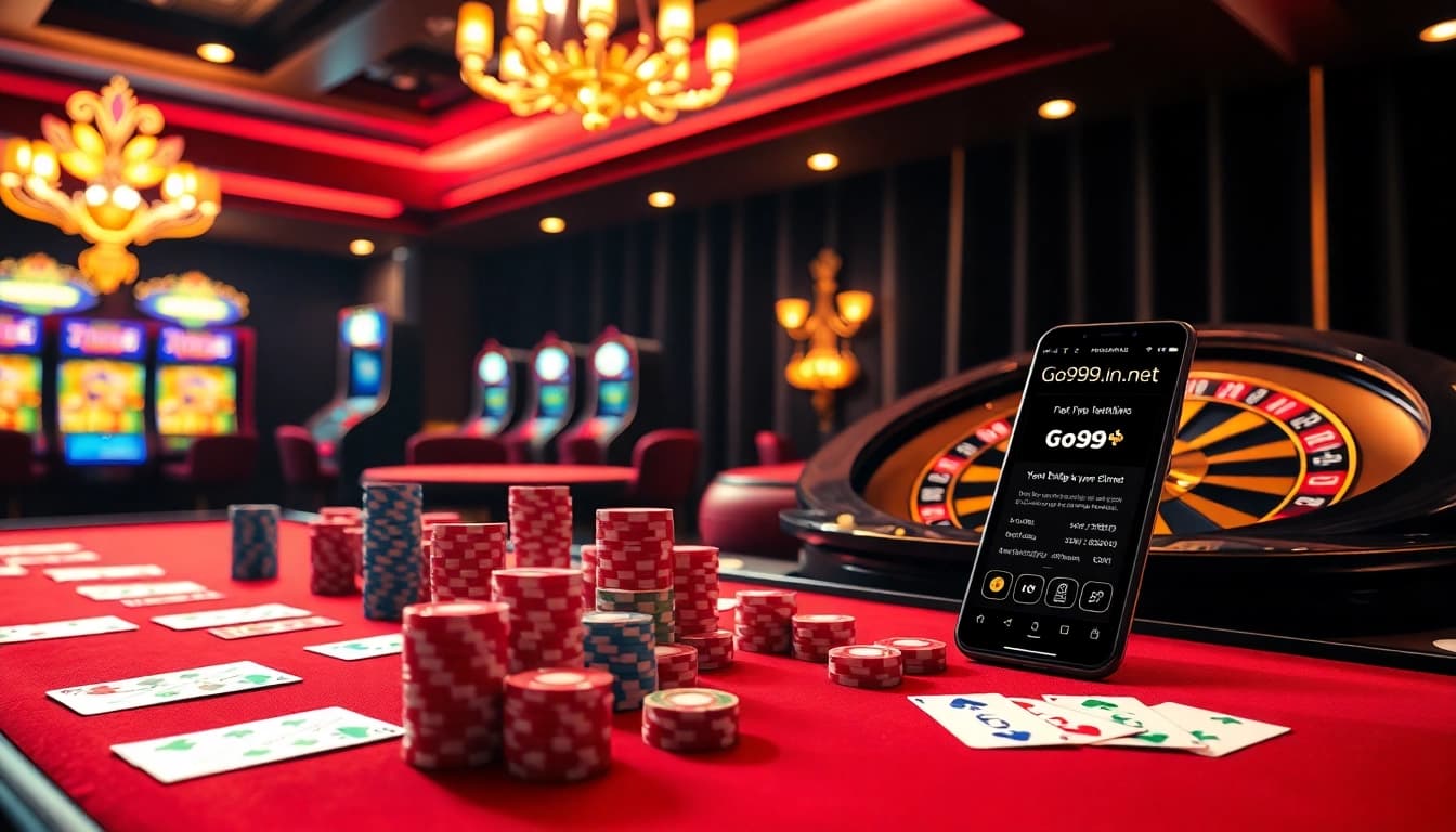 Experience high-stakes gaming at go999.in.net with vibrant visuals of poker tables and slot machines.