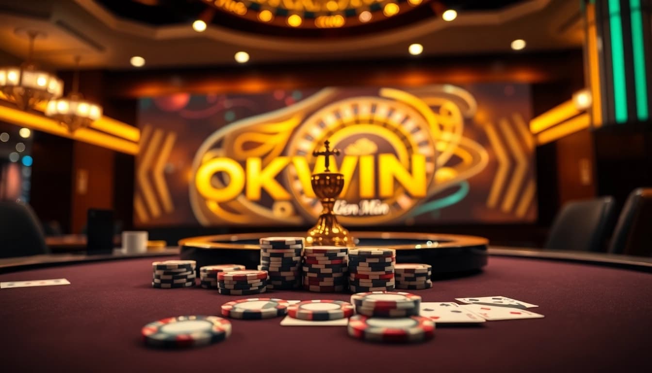 Engaging scene of casino action with OKWIN Liên Minh branding on a poker table, highlighting luxury and excitement.