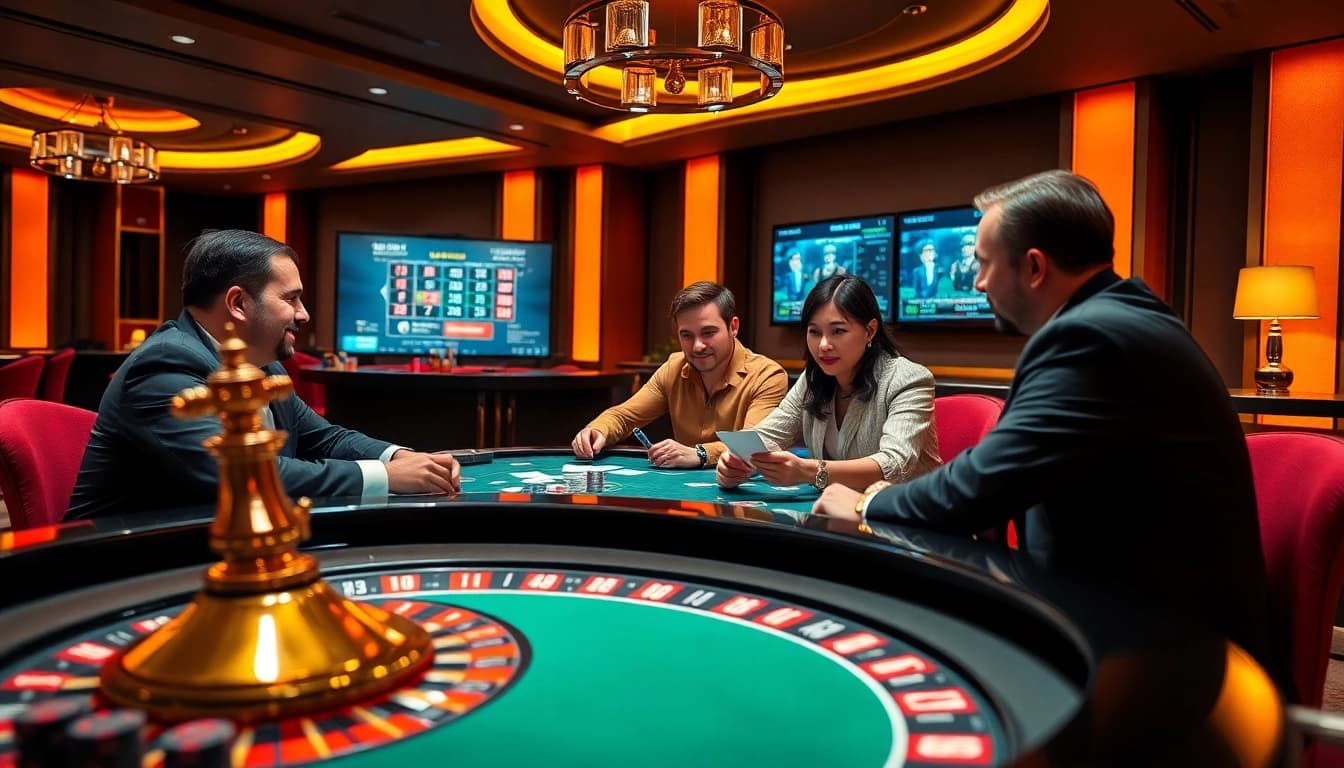 Engaged players enjoy RR88 at a luxurious casino table featuring vibrant roulette and cards.