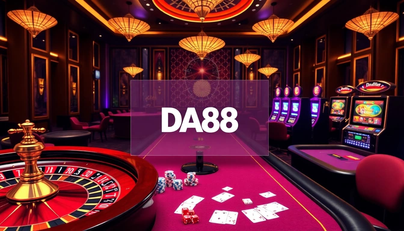 Action-packed scene showcasing DA88 casino tables with poker chips and roulette wheels.