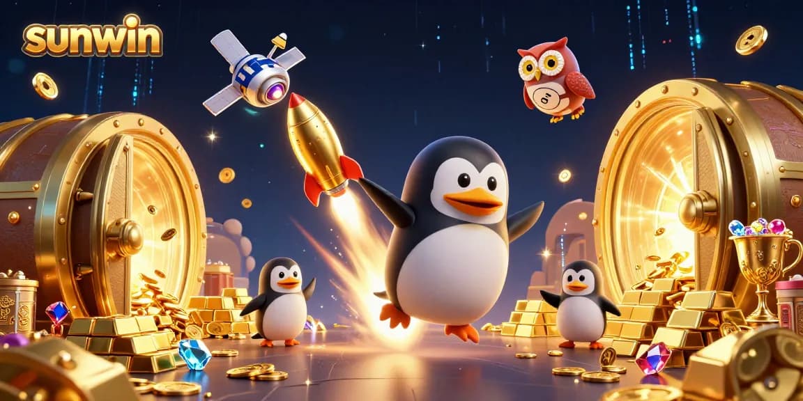 Win big at Sunwin with a golden penguin soaring toward a casino space station filled with treasures.